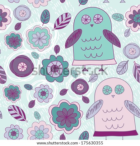 Funny hand drawn owls leaves and flowers. Purple, pink, mint. vector