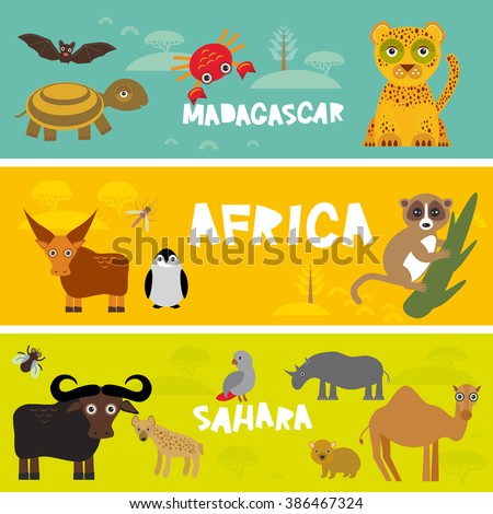 Cute animals set, leopard turtle crab penguin lemur bull hippo hyena parrot tsetse fly crab camel kids background African animals, Africa, Madagascar, Sahara Desert bright colorful banner. Vector