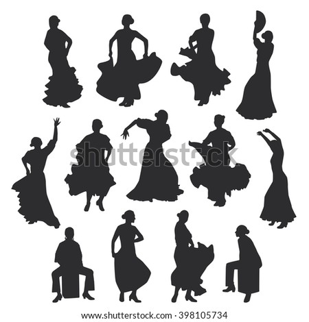 Set Of Women In Dress Stay In Dancing Pose. Flamenco Dancer Spanish ...