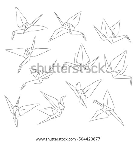 Japanese Origami paper cranes set, symbol of happiness, luck and longevity, sketch. black line contour on white background. Vector