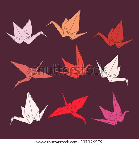 Japanese Origami paper cranes set orange red white pink, symbol of happiness, luck and longevity, sketch. black line contour on orange red brown background. Vector