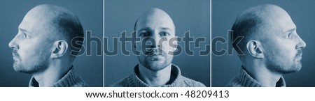 mugshot of criminal from front and side. police identity photograph of bold white male