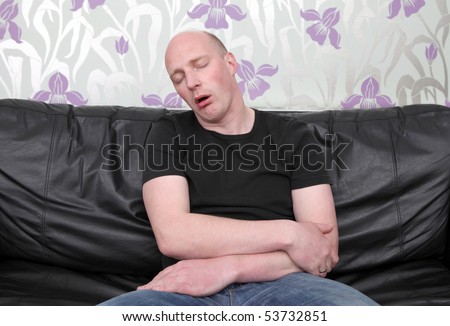 Man Tired And Sleeping On Sofa. Male Relaxing Or Napping On Leather ...