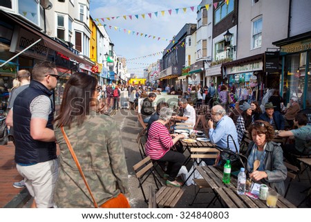 BRIGHTON, UNITED KINGDOM - OCTOBER 03 2015. Brighton\'s famous North Laines shopping lanes with over 400 independent shops attracting tourists from around the world