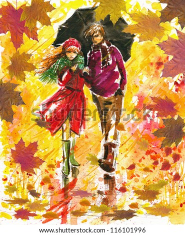 Couple walking at alley in autumn park.Picture I have created with watercolors.
