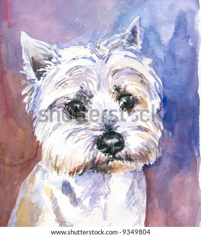 Hand-painted watercolor portrait of a small,sad dog.Picture I painted by myself.