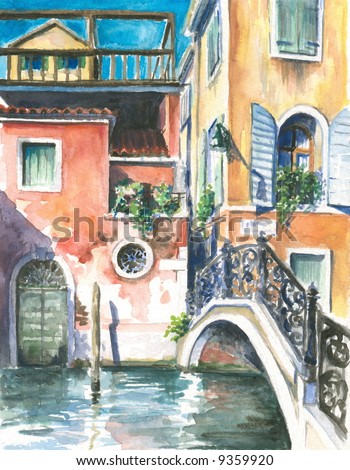 A view to the houses in Venice,and a canal crossed by a bridge watercolor painted.Picture painted by myself.