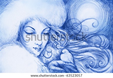 The young woman symbolizes winter holding in hand small bird.Picture I have create with blue pencil.