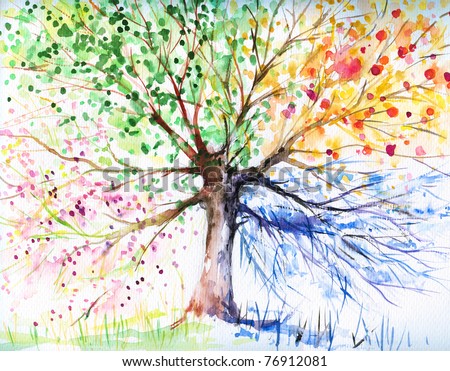 Hand Painted Illustration Of Four Season Tree.Picture I Have Created ...