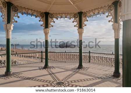 Brighton West Pier seen through victorian bandstand. England.