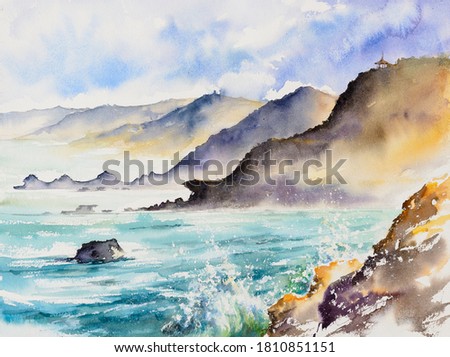 Huge ocean waves breaking on the coastal cliffs, cloudy stormy day. Storm season, seascape. Waves breaking on the rocks, coastline. Picture created with watercolors.