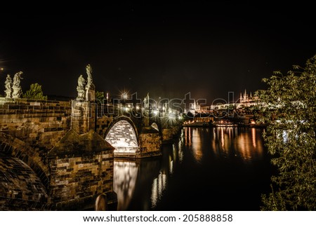 Night photo of Charles Bridge with castle in background,Prague,Czech Republic