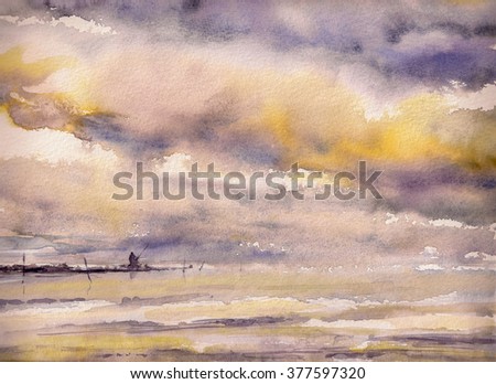 Watercolors painting of a fisherman on the rocks under  dramatic sky.