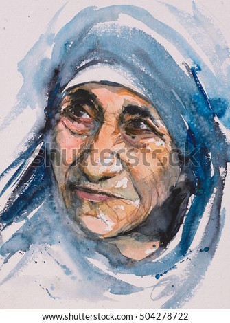 Portrait of Mother Teresa also known as Blessed Teresa of Calcutta.Mother Teresa was an Albanian Roman Catholic nun and missionary.Picture created with watercolors.