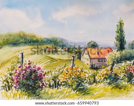 Landscape with summer vineyards and roses bushes in South Styria, Austria.Picture created with watercolors. 