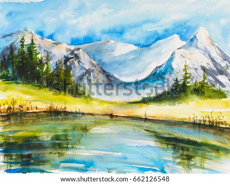 Lake with Mountains. Landscape watercolor painting of snow covered mountains with a lake