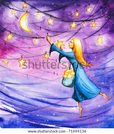 Night hanging stars on the sky.Picture I have created with watercolors.