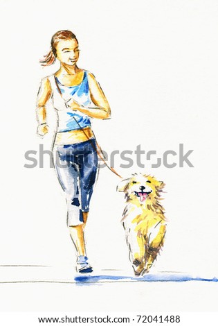 Young woman running with dog.Picture I have created with watercolors.