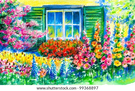 Flowering garden with window in background.Picture I have created with watercolors and colored pencils.
