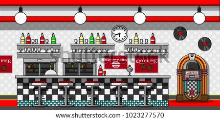 Retro cafe interior flat line vector illustration.
