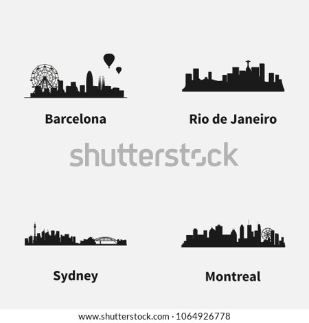 Set of best known cities skyline silhouette flat vector icons. Barcelona, Rio de Janeiro, Sydney and Montreal cityscapes.