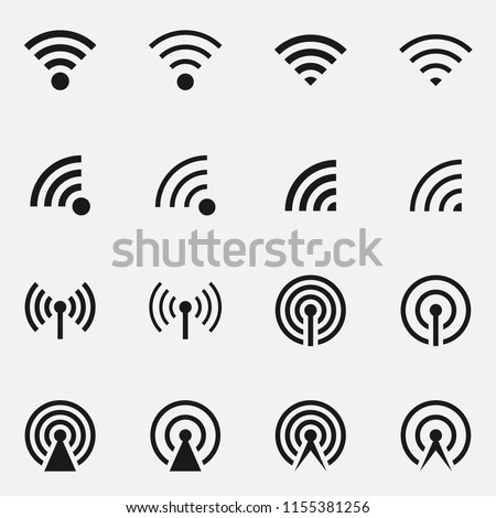 Set of data transfer concept includes antenna tower and wireless signal. Black and white vector illustration.