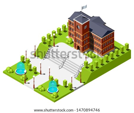 Historical university or school building surrounded by a garden with fountains and wide staircase isometric vector illustration.