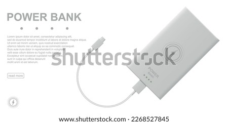 Power bank connection via USB cable realistic vector illustration isolated on white background. 3D concept.