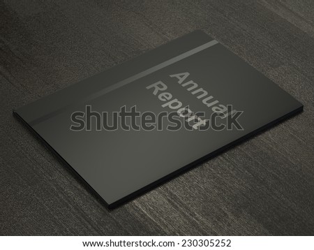 Black annual report folder on dark wood table close-up