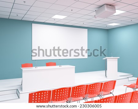 Empty conference room with blank projector screen