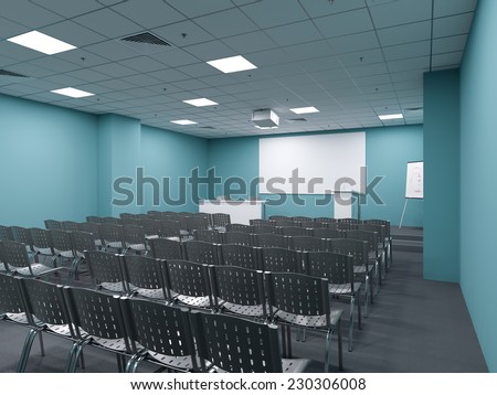 Empty conference room with blank projector screen