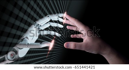 Hands of Robot and Human Touching. Virtual Reality or Artificial Intelligence Technology Concept 3d Illustration Сток-фото © 