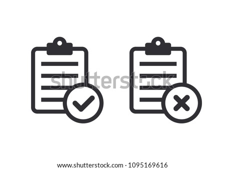 Document icon. Paper icon. Check mark. cross signs. Checkmark OK and  X icons. Symbols YES and NO. Reject file. Accept document. Unaccepted document. Clipboard icon. Task done. Project completed. Task