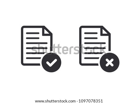 Document icon. Paper icon. Check mark. cross signs. Checkmark OK and  X icons. Symbols YES and NO. Reject file. Accept document. Unaccepted document. File fixes. Tasks. Options. Worksheet. Task done. 
