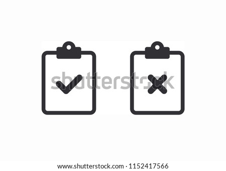 Document icon. Paper icon. Check mark. Worksheet sign. Report. Office documents. Symbols YES and NO. Reject file. Accept document. Survey. Extra options. Clipboard icon. Task done. Approved document