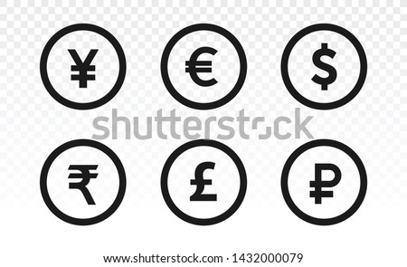 Currency icons. Collection of currency symbols - dollar, euro, pound, rupee, yuan, ruble. Cash icon. Currency exchange symbol. Coins icon. Finance symbol. Currency symbol. Bank payment symbol. 