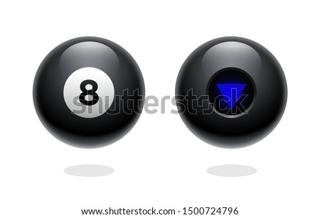Magic ball of predictions for decision-making. Realistic black sphere. Magic 8 ball set. Eight ball. Glossy shiny ball with number 8. Billiard game. Vector illustration. Transparent background. Black
