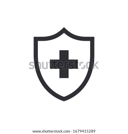 Vector shield icon. Security vector icon. Protection icon. Shield vector icon. Safety system. Healthcare. Health insurance. Medical shield. Shield with a cross. Virus. Virus protection. Guard badge. 
