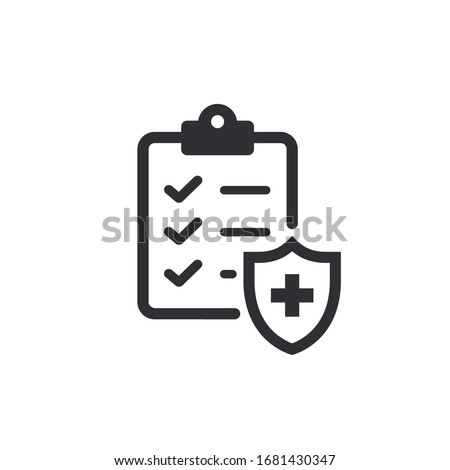 Medical insurance. Medical record. Tasks. Clipboard icon. Task done. Signed approved document icon. Project completed. Medical card. Medical survey. Shield icon. Health document. Data protection.