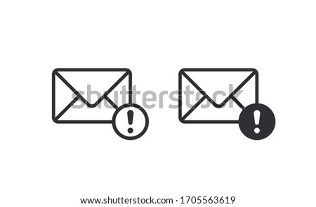 Mail icon. Envelope sign. Vector Illustration. Email icon. Letter icon. Spam icon. Exclamation point. Mailbox. Contact form. Email notification. Logo template. Alert message. Important message.
