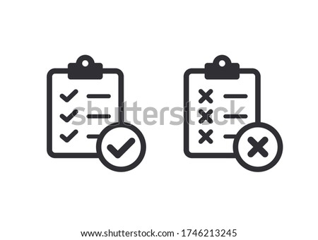 Tasks. Vector icon. Prepare document. Clipboard icon. Task done. Signed approved document icon. Project completed. Reject file. Accept document. Symbols YES and NO. Survey. Extra options.