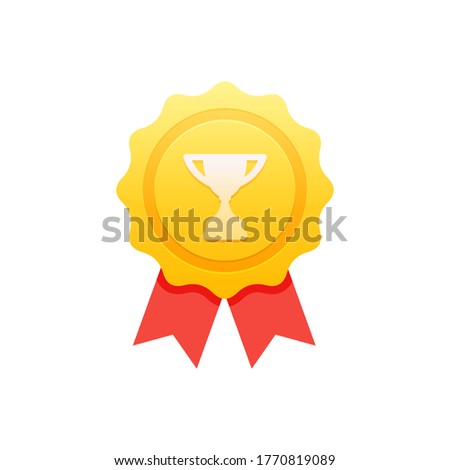 Achievement badge. Premium quality. Achievement or award grant. Winner's trophy icon. Symbol of victory. Goblet icon. Champion trophy cup. Sport cup on stand. Reward badge. First place. Quality mark. 