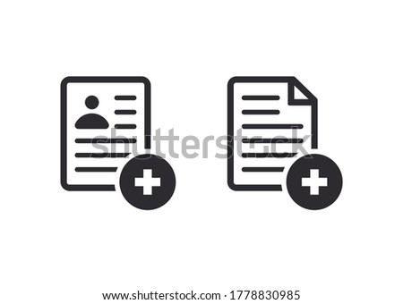 Medical card. Medical insurance. Medical record. Medical diagnosis. Add file. Profile icon. Document icon. Paper icon. Id card. Avatar icon. Personal document. Identification card. Application form. 