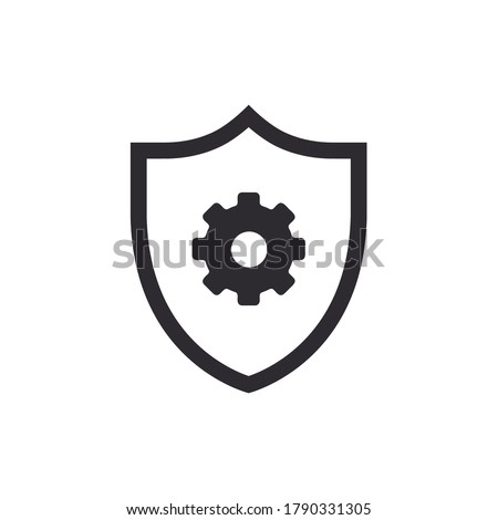 Shield icon. Security vector icon. Protection icon. Shield with cogwheel. Settings. Active safety. Guard badge. Cogwheel sign. Service symbol. Gear vector icon. Options sign. Protection settings. Gear