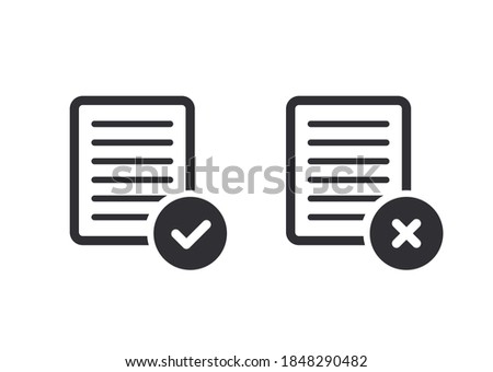 Document icon. Survey. Check mark. Application form. Reject file. Accept document. Correctly. Incorrect. Unaccepted document. File fixes. Tasks. Options. Worksheet. Task done. Project completed. Tick.