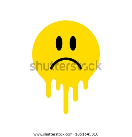 Melting smile. Dripping smile. Smile icon. Yellow smile. Smiley on yellow background. Good mood. Positive emoji. Flowing liquid. Paint splatter. Molten. Sad face. Vector emoji. Emoji face. Face symbol