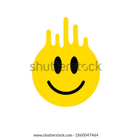 Melting smile. Dripping smile. Smile icon. Yellow smile. Smiley on yellow background. Good mood. Positive emoji. Flowing liquid. Paint splatter. Molten. Happy face. Vector emoji. Current drop. Paint 