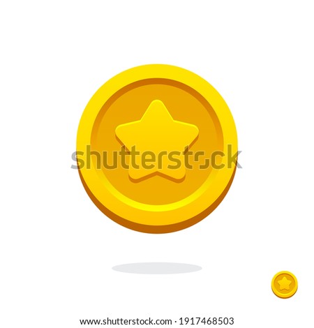 Gold game coin. Coin icon. Gold medal. Coin with the star. Graphic user interface design element. Gold star. Game coin. Money symbol. Game elements. Bank payment symbol. Game purchases. Financial. 