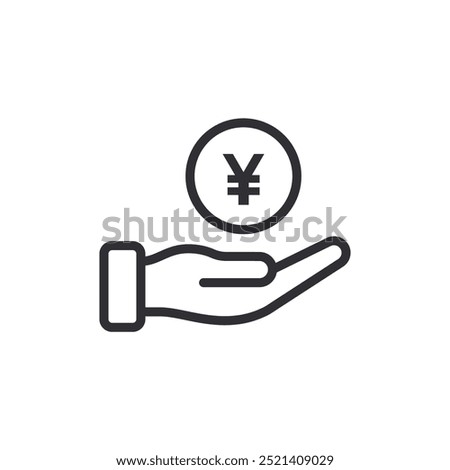 Donation icon. Payment. Begging hand. Logo template. Receiving. Yen sign. Cash icon. Financial aid. Coin icon. Yuan sign. Currency exchange. Pay icon. Cash back. Investment. Financial savings. Palm up