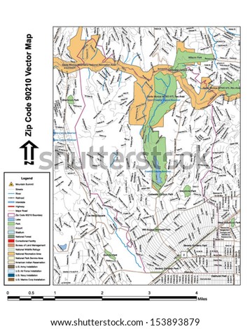 Vector map with summits, rivers, railroads, streets, lakes, parks, airports, stadiums, correctional facilities, military installations and federal lands by zip code 90210 with labels and clean layers.